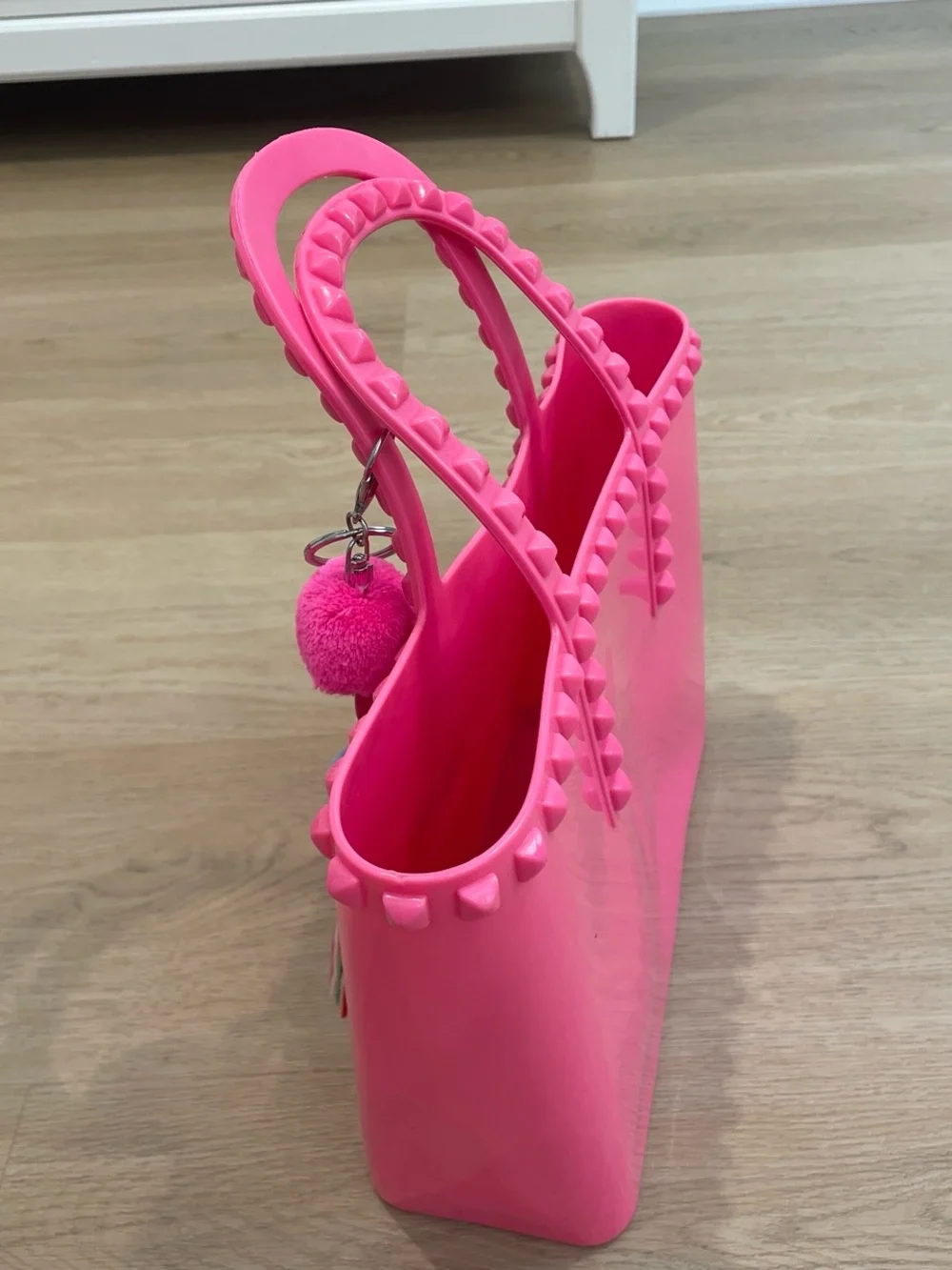 Pink Stud-Trim Tote Bag with Pom-Pom Charm